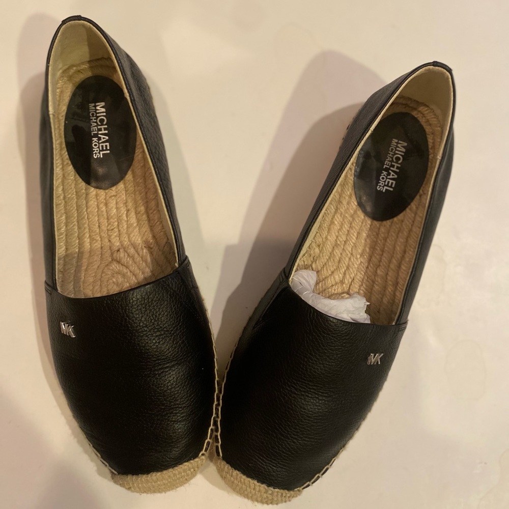 Michael Kors MK logo Black Leather Espadrille Slip-On Flats Size 9M
